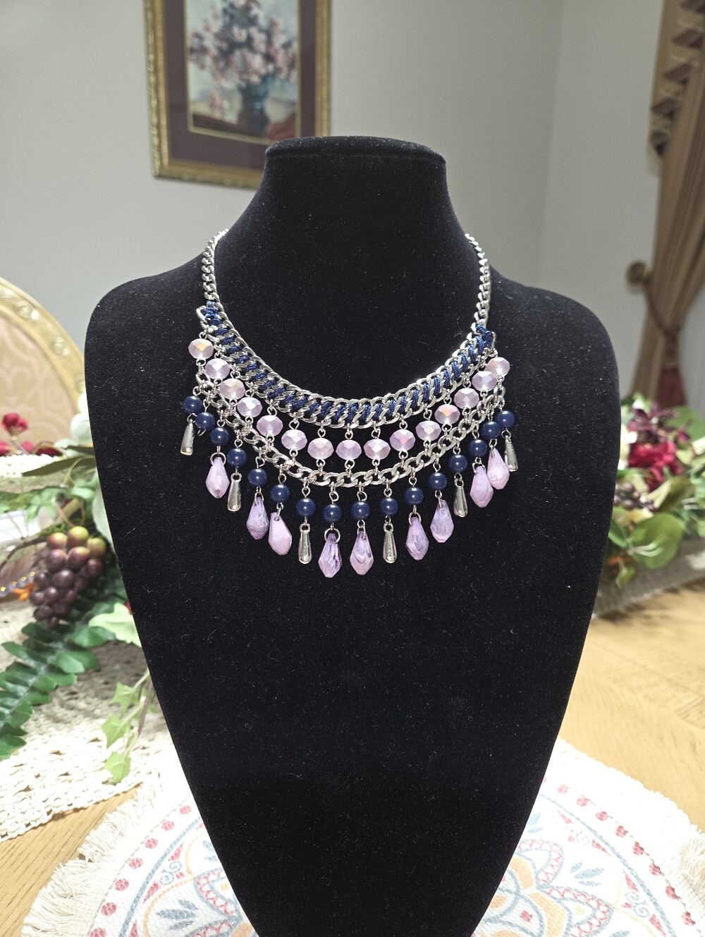 New York & Company Navy and Pink Multi-Strand Tassel Necklace